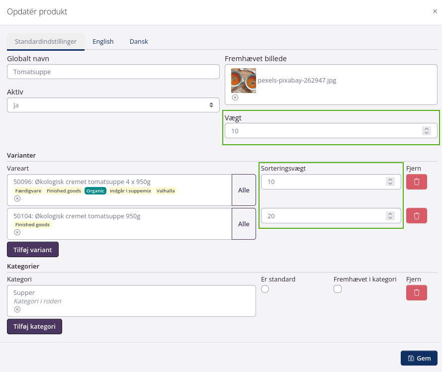 B2B sorteringsrækkefølge af produkter