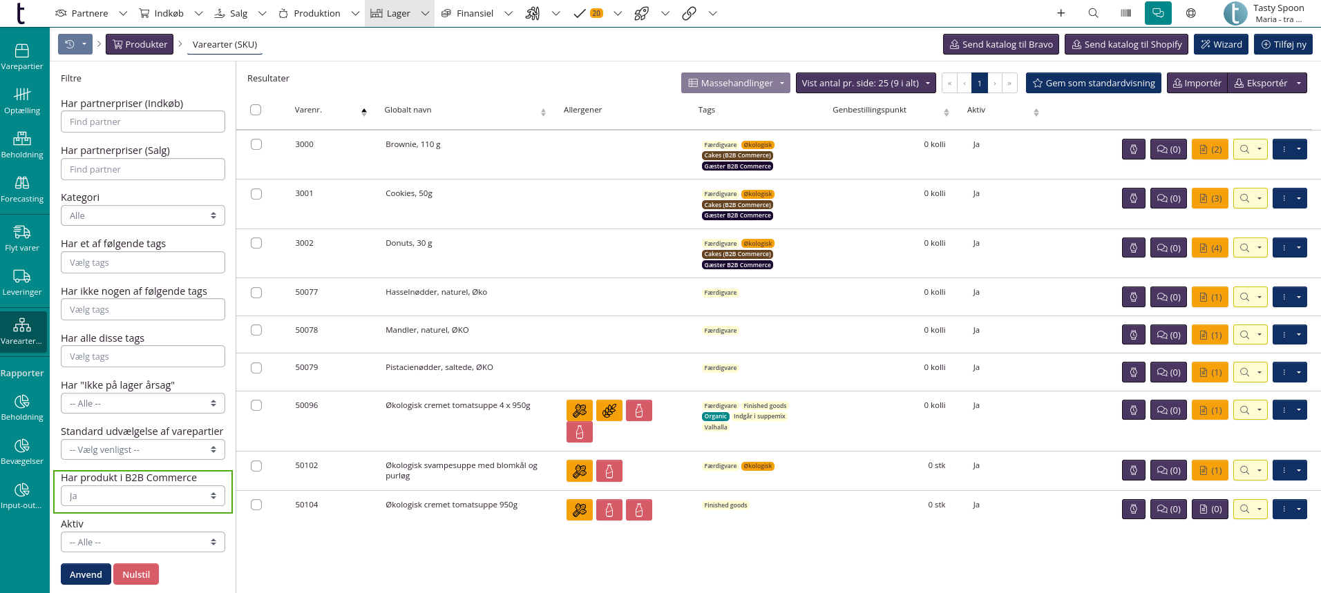 B2B filter i vareartsoversigten