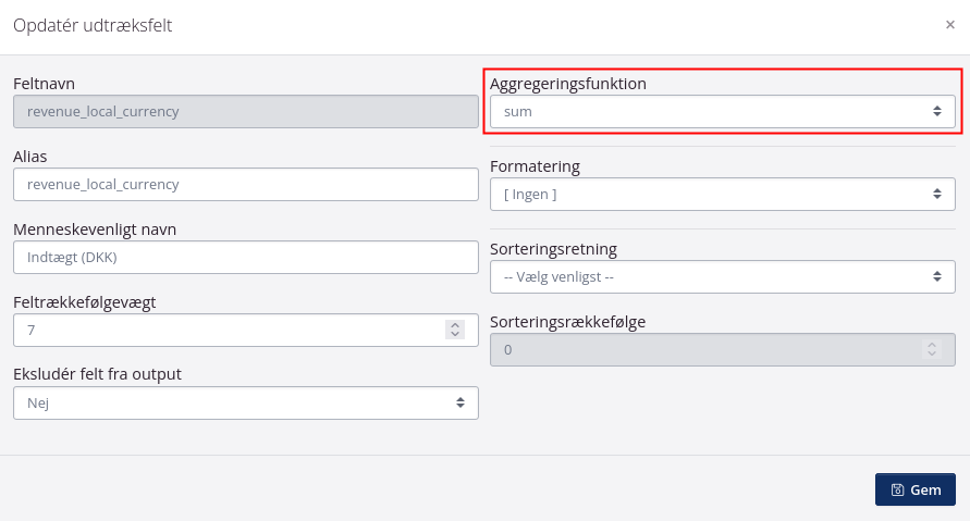 Aggregeringsfunktion på indtægtsfelt