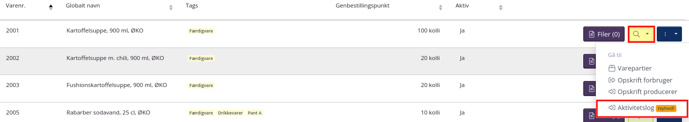 Aktivitetslog for varearter
