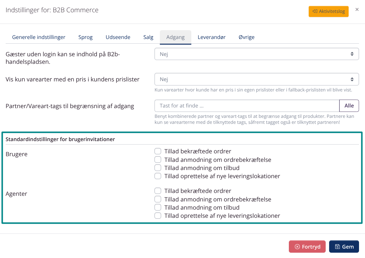 Virksomhedsindstillinger > B2B Commerce > Standardindstillinger