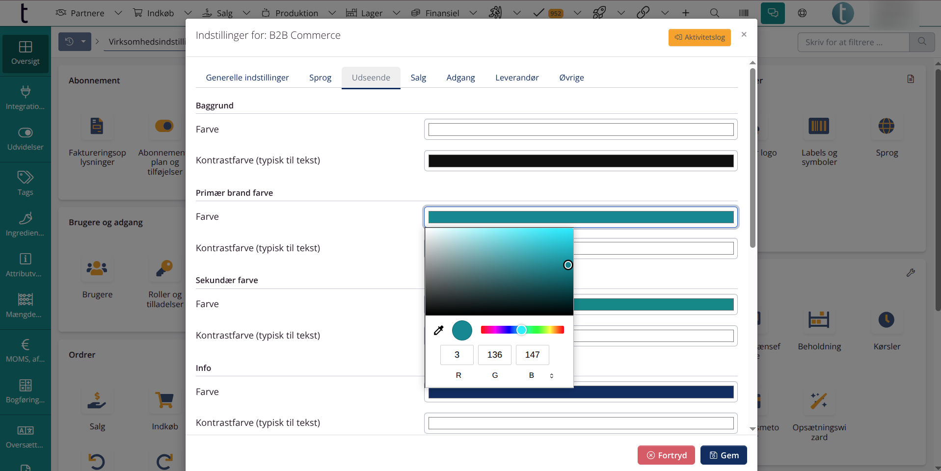 B2B-virksomhedsindstillinger: Udseende