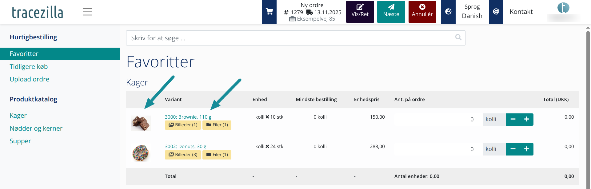 Genvej til produkter via Favoritter og Tidligere køb