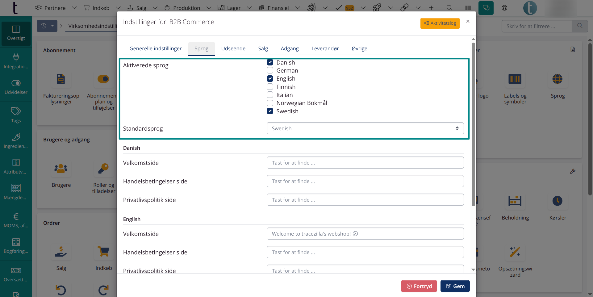 Produkter i B2B: Sprog