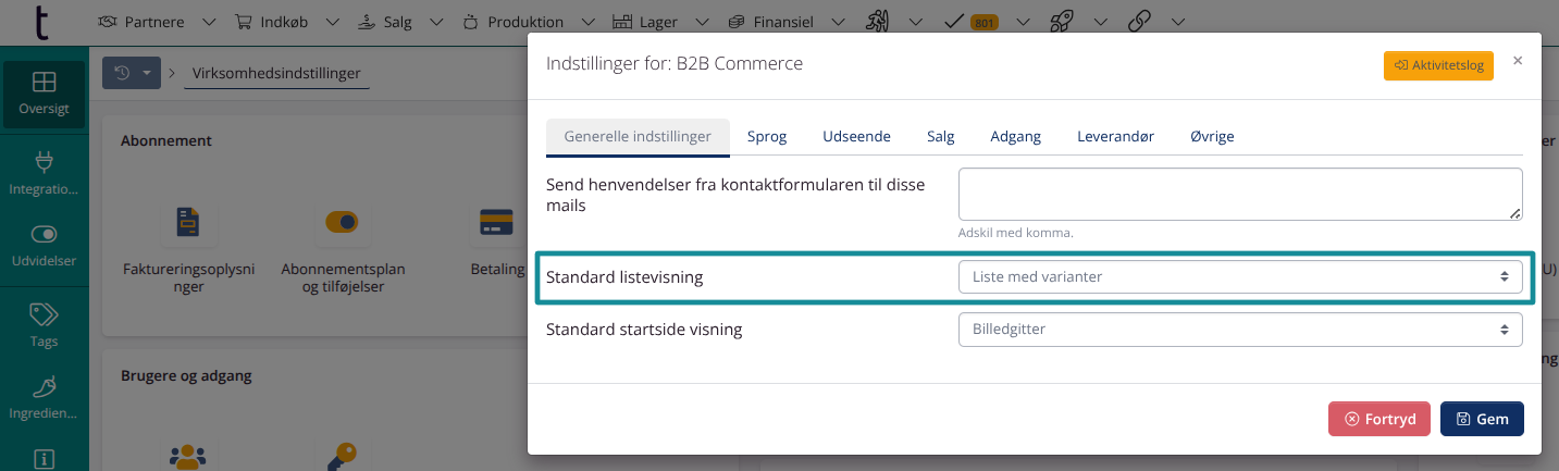 Variantliste: Virksomhedsindstilling