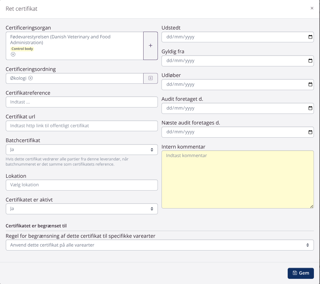 Tilføj nyt økologicertifikat