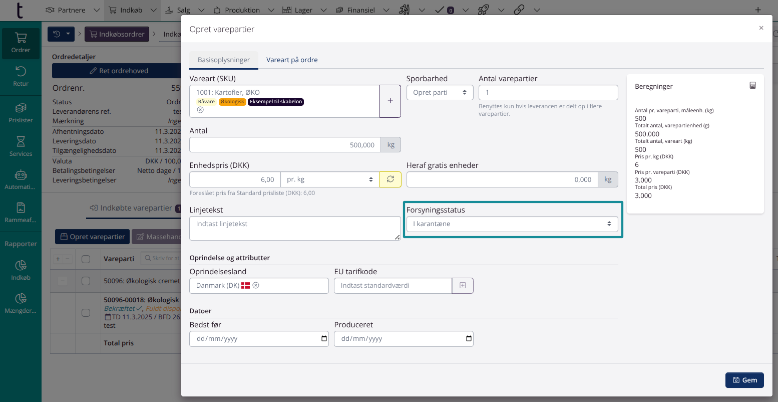 Karantænestatus på indgående varepartier