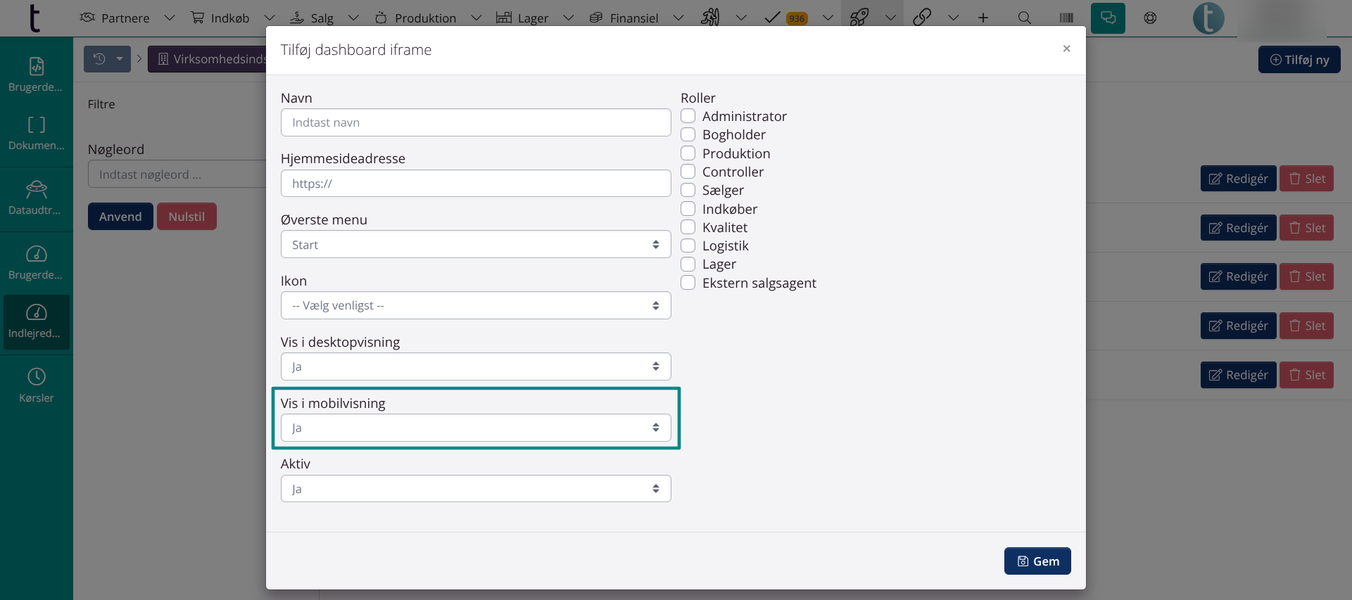 Brugerdefinerede menupunkter i mobilversionen
