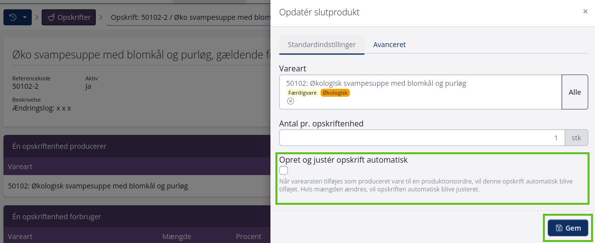 Tilknyt opskrift til slutprodukt