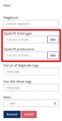 Nye filtre i opskrift oversigten
