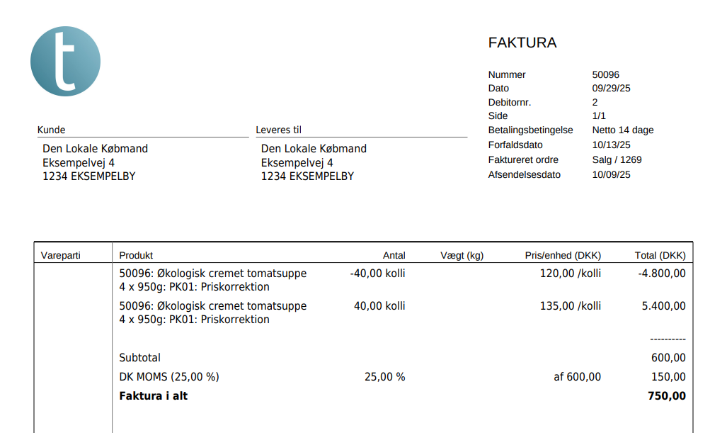Eksempel på en kreditnota