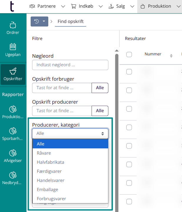 Opskrifter: Filtrer på kategori