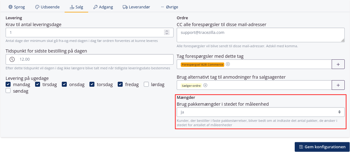 Pakkeindstillinger i B2B Commerce