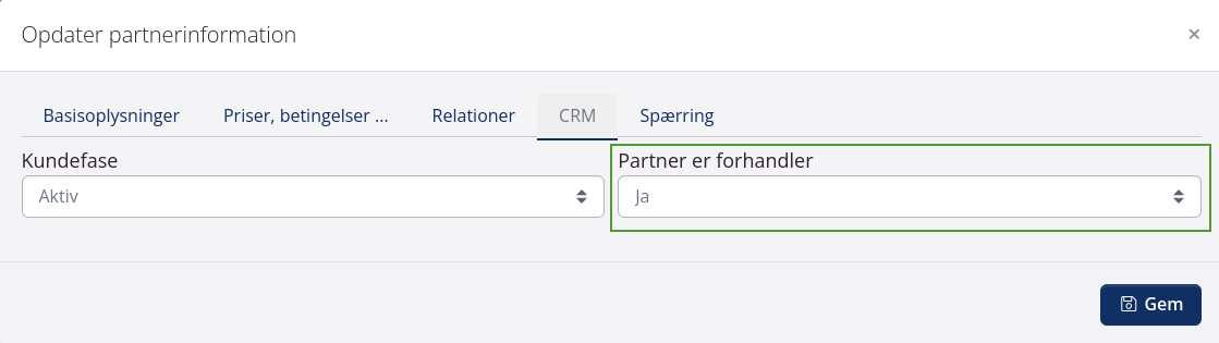 Partnerindstillinger: Partner er forhandler