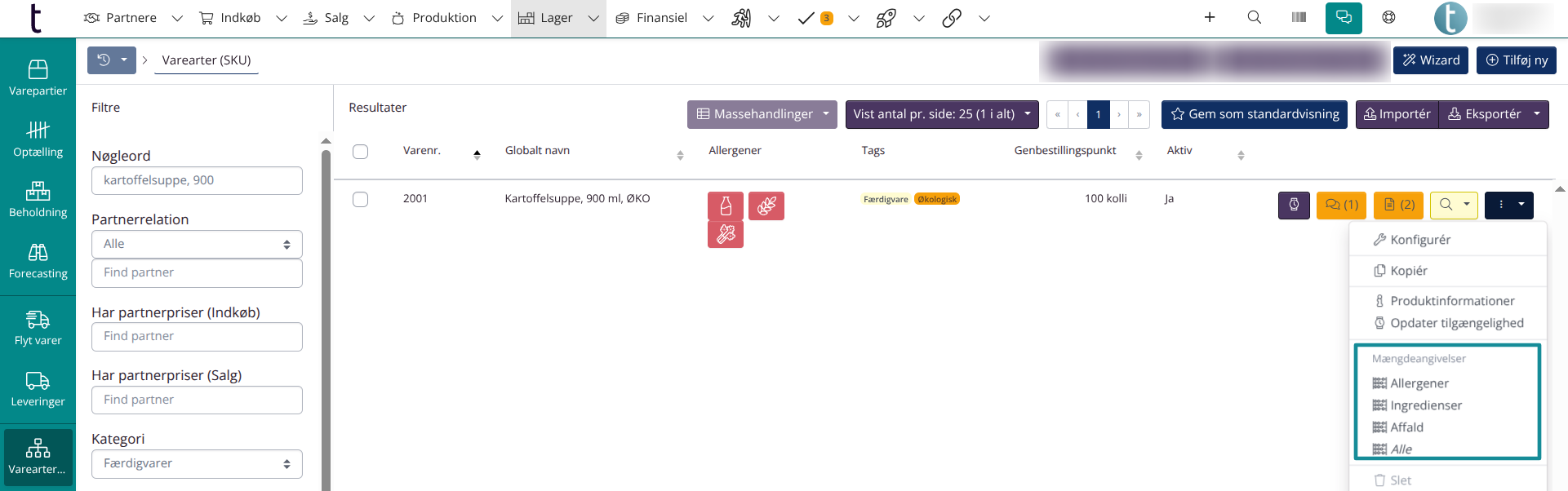 Menupunkter under Mængdedeklarationer