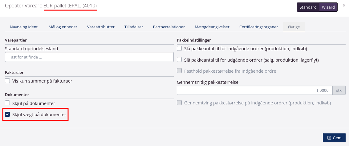 Vareart indstilling skjul vægt