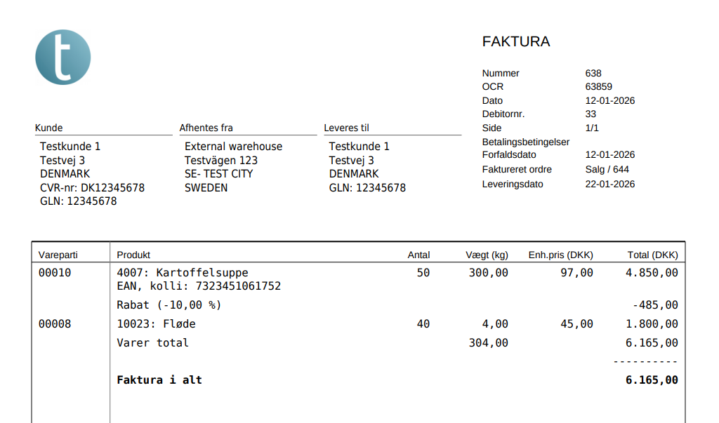 Eksempel på standardfaktura