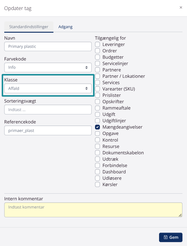 Underkategorier af mængdedeklarationer med tags