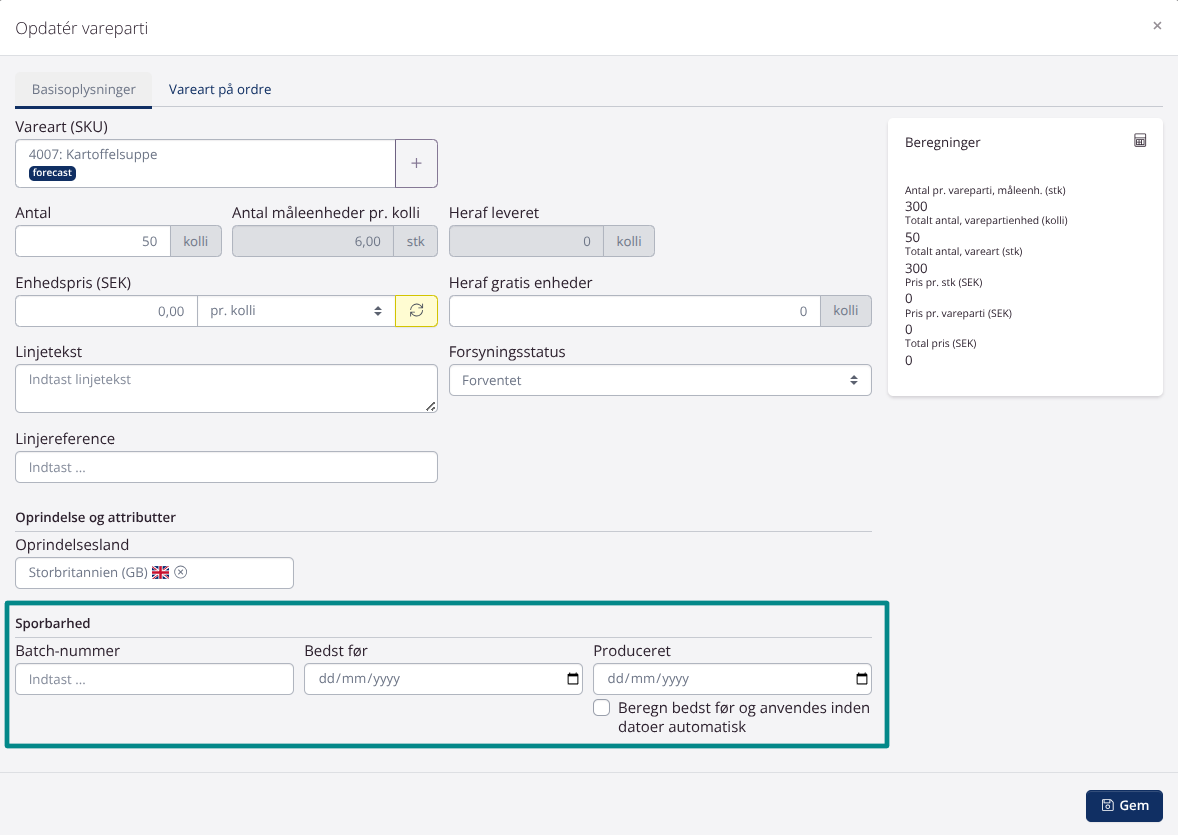 Rediger batchnumre i partivinduet