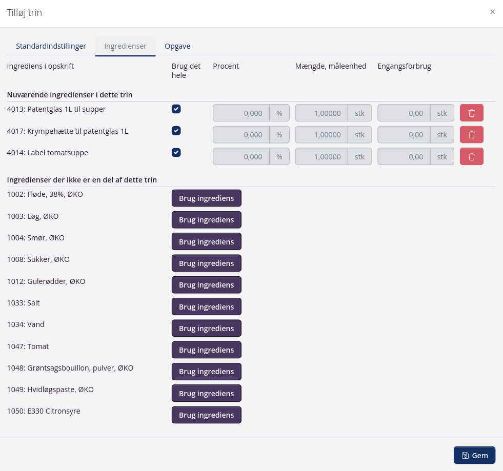 tilføj ingredienser til arbejdsgang