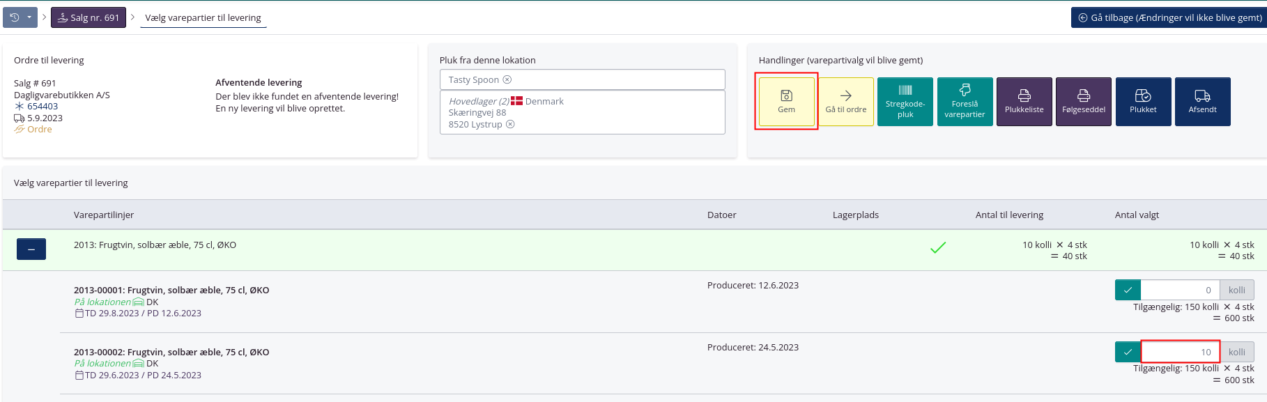 Välj det specifika produktpartiet för beställningen