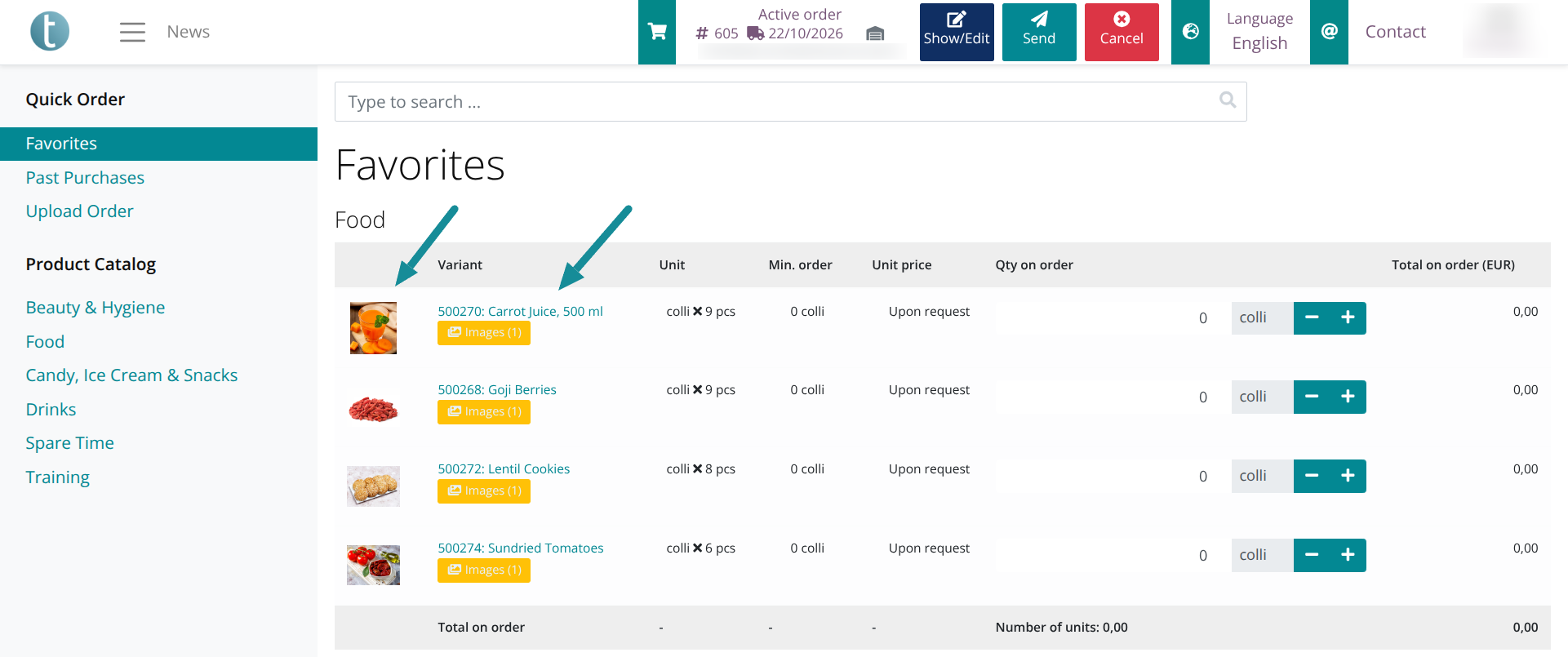 Shortcut to products via Favorites and Previous purchases