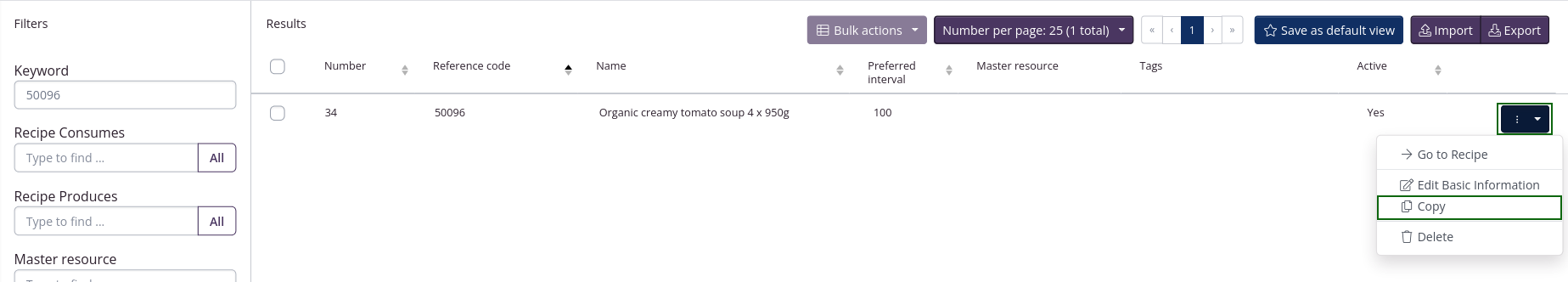 Copy recipe from the overview