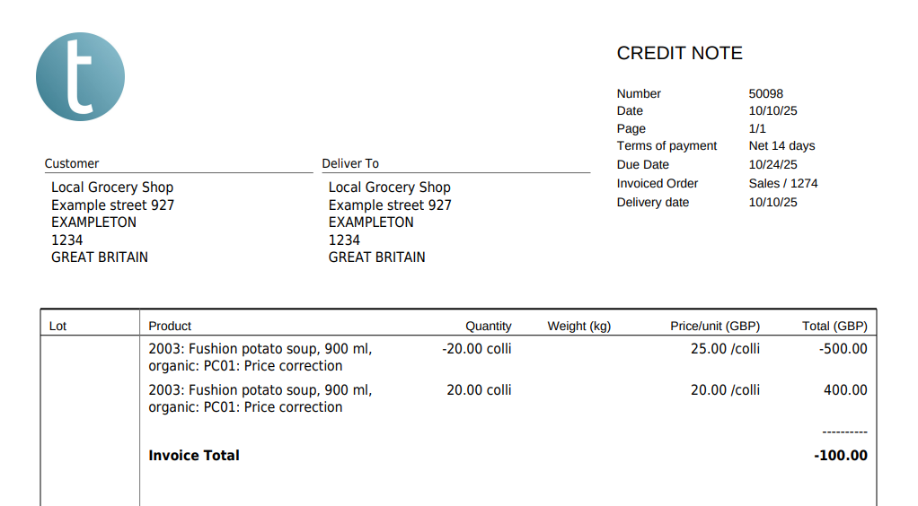Credit note with price correction