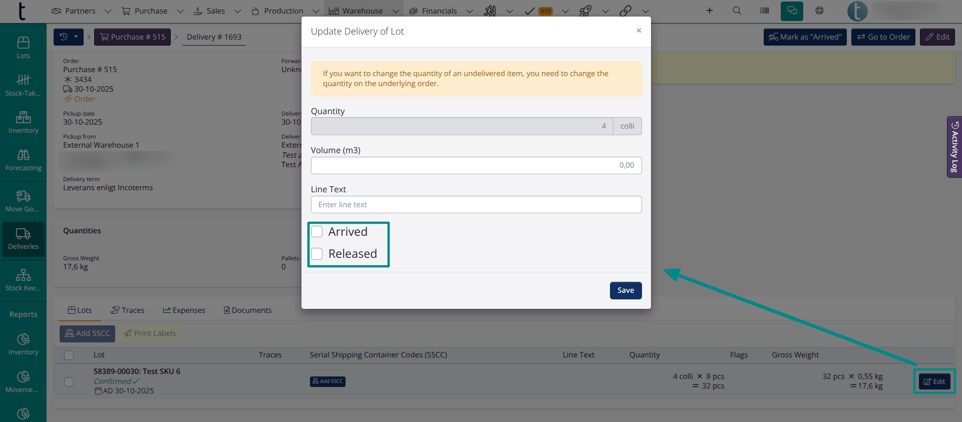 Delivery > Lot Statusses