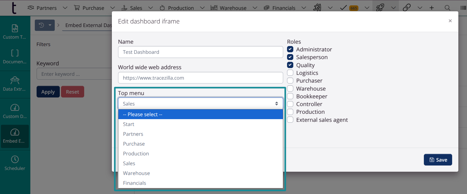 Embed dashboards under menu items