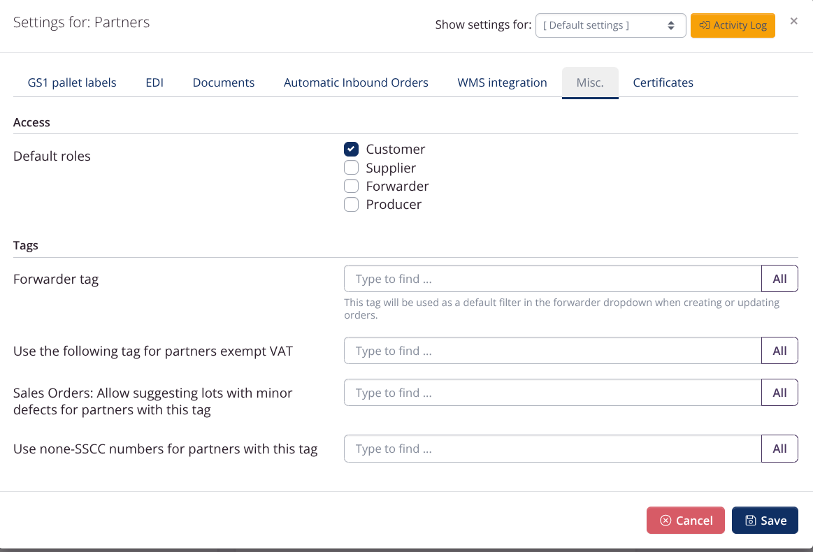 Master data settings