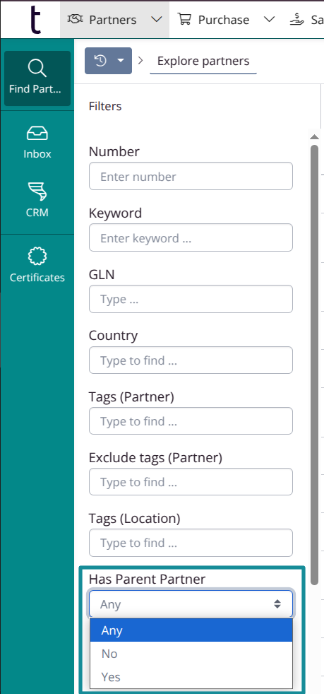 Filter for parent partners
