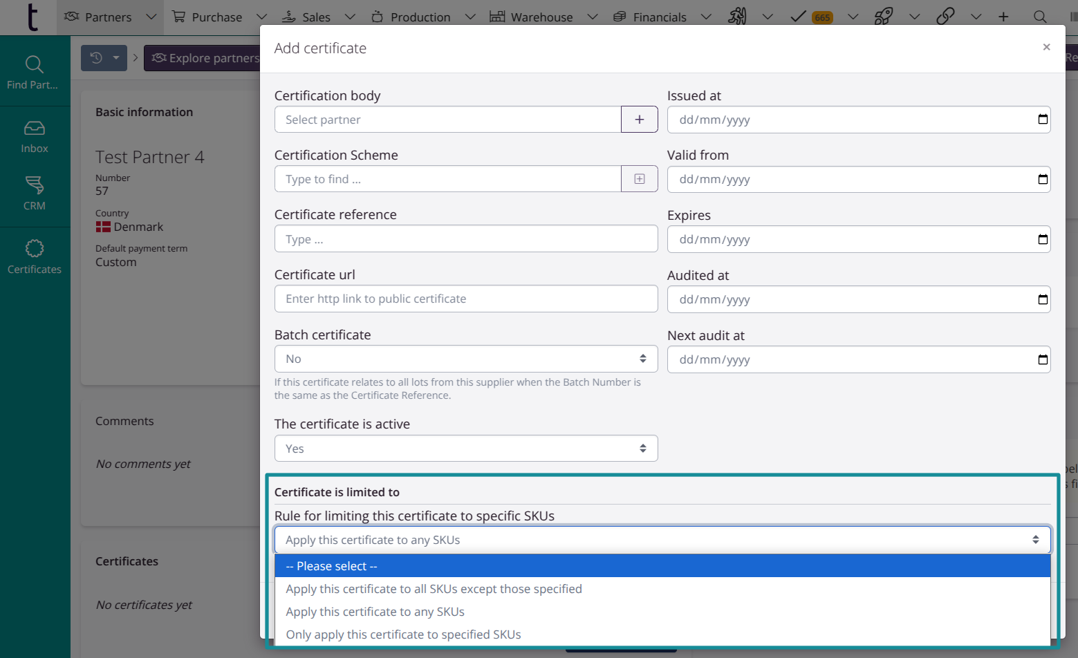 New partner certificate settings