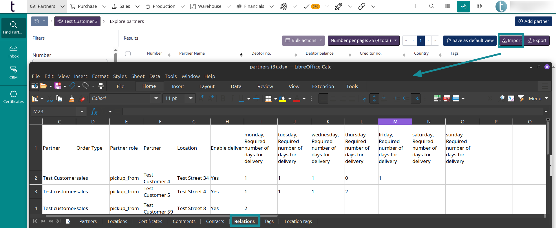Import of partner relations