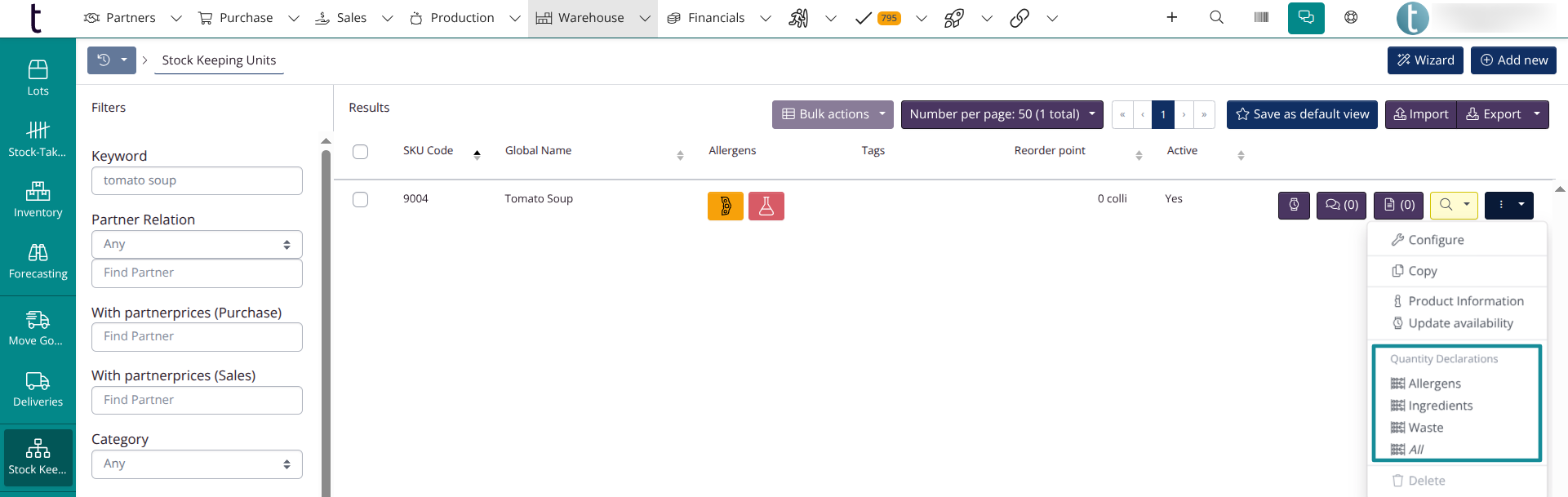 Menu items under Quantity Declarations