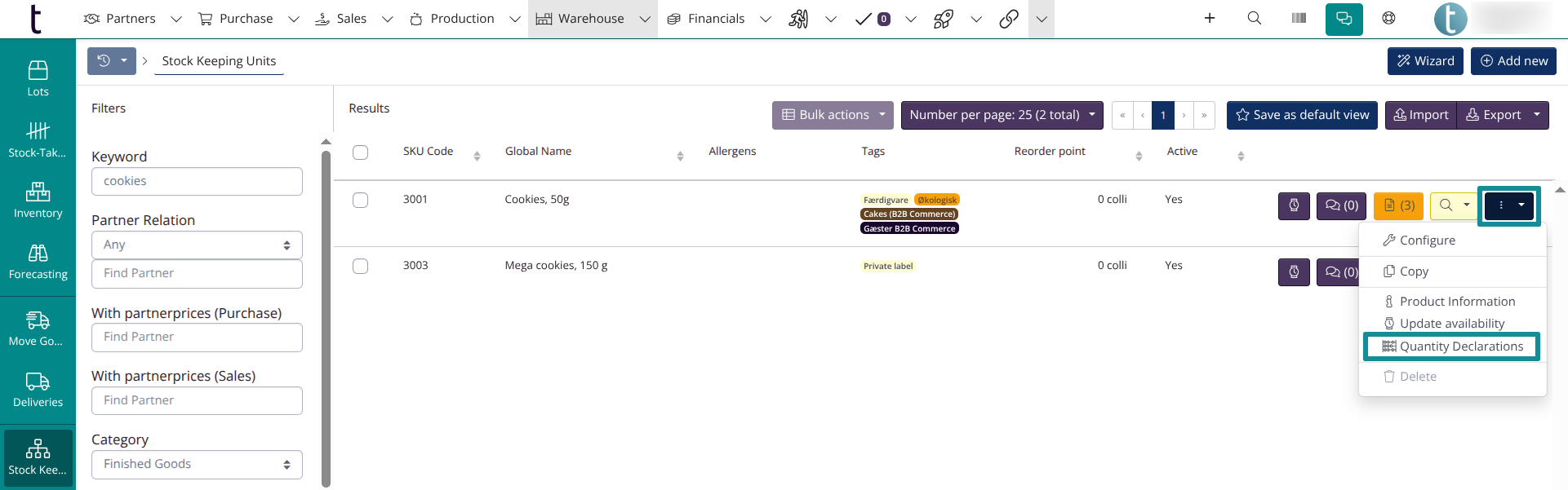 QTY declarations: Own section