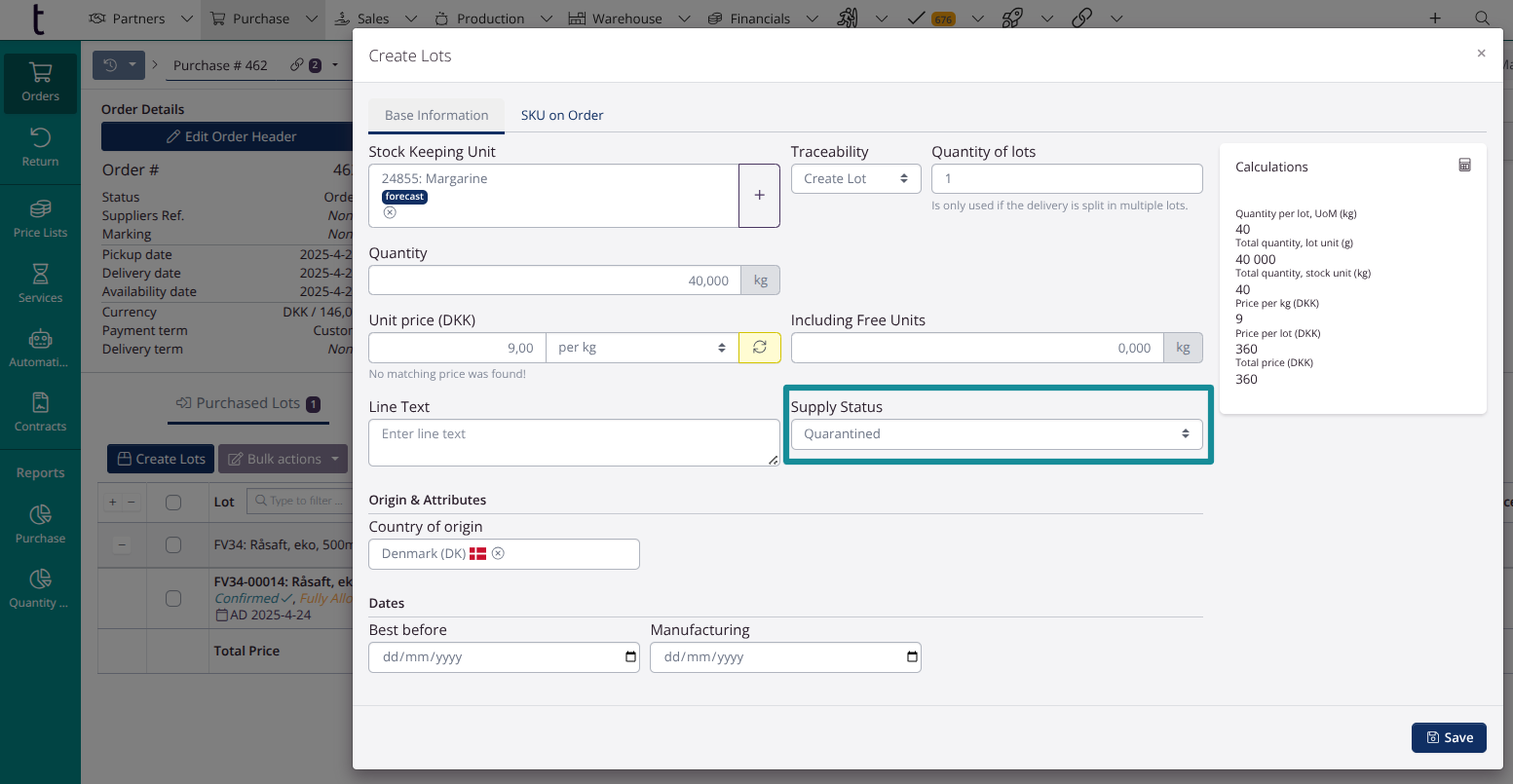 Karantänstatus på inkommande varupartirader