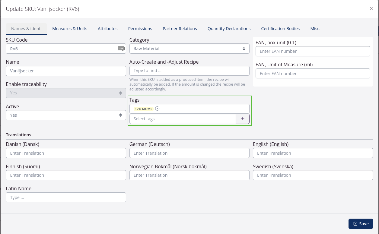 SKU settings in tracezilla