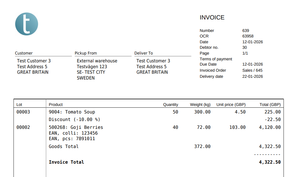 Example of standard invoice