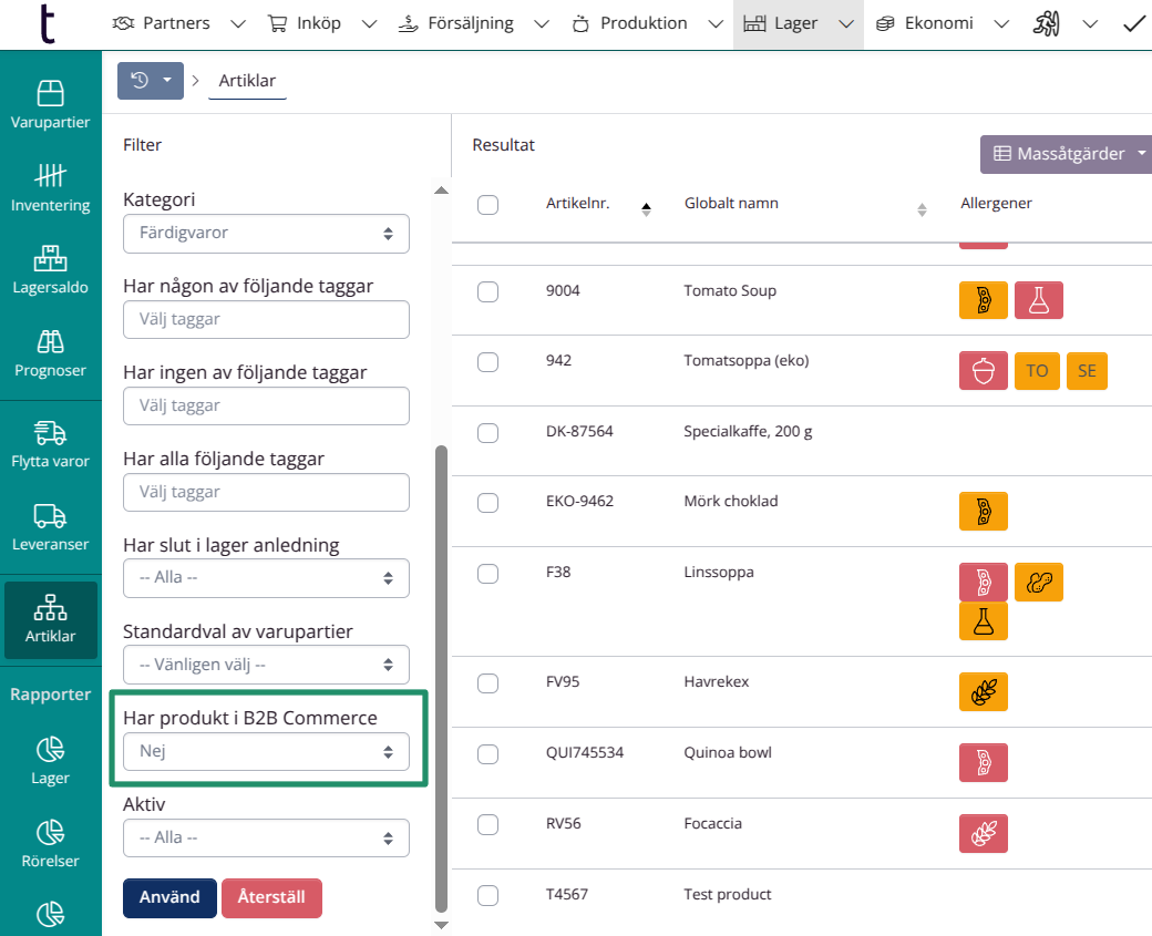 B2B filter in SKU overview