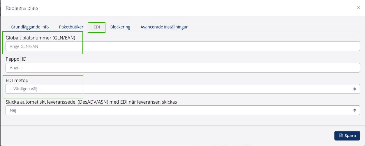 Lägg till GLN och EDI-metod på partnerplatser