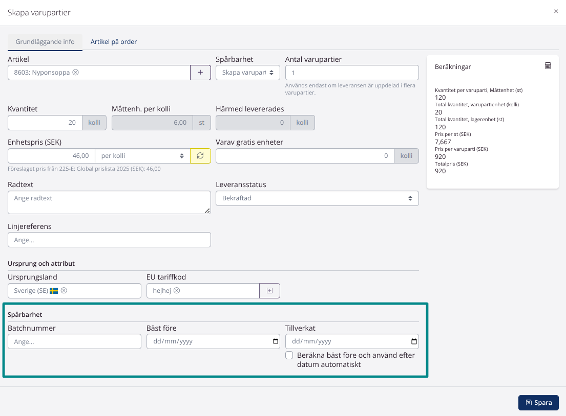 Redigera batchnummer i varupartifönstret