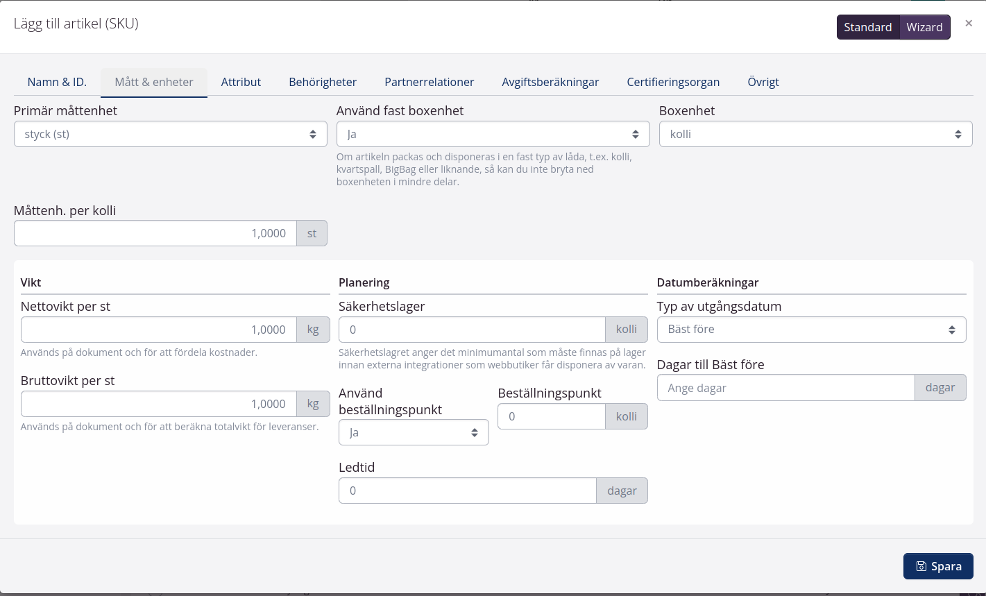 Lägg till artikel och definiera måttenhet