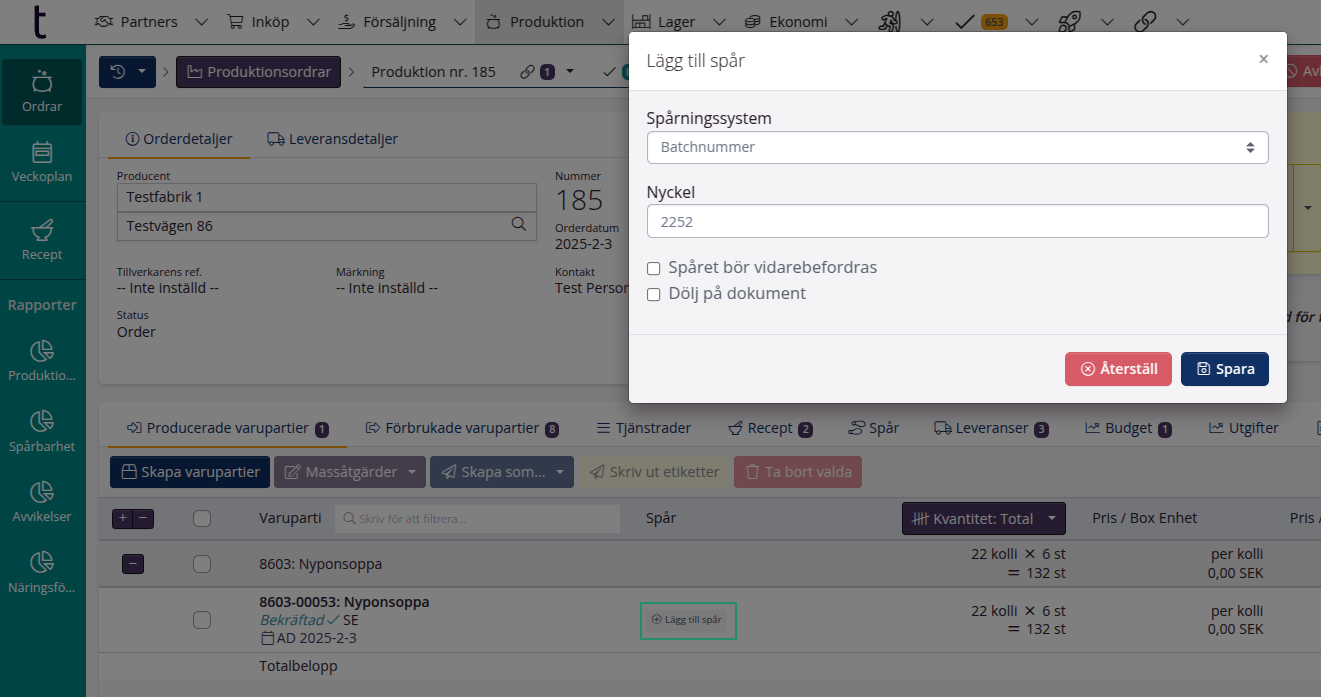 Lägg till spår på producerade varupartier