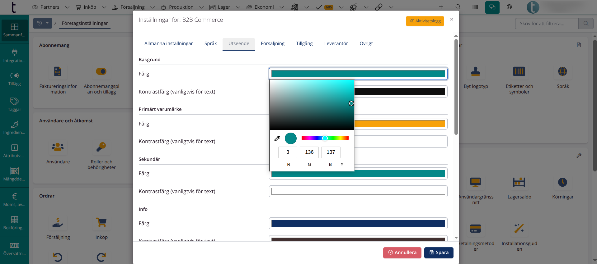 B2B Företagsinställningar: Utseende