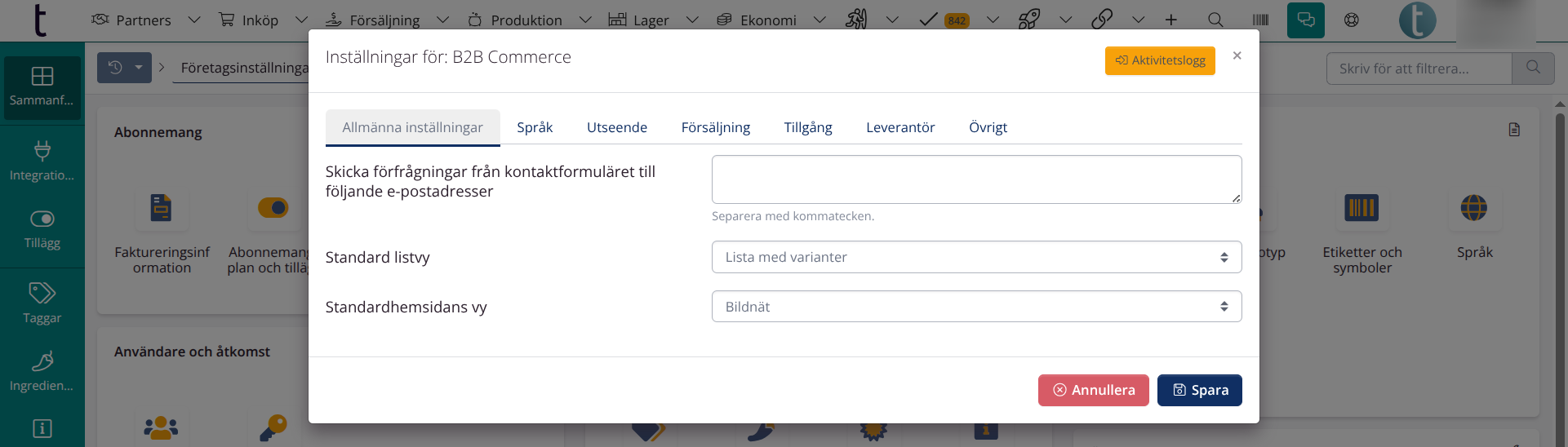 B2B Företagsinställningar: Allmänna inställningar