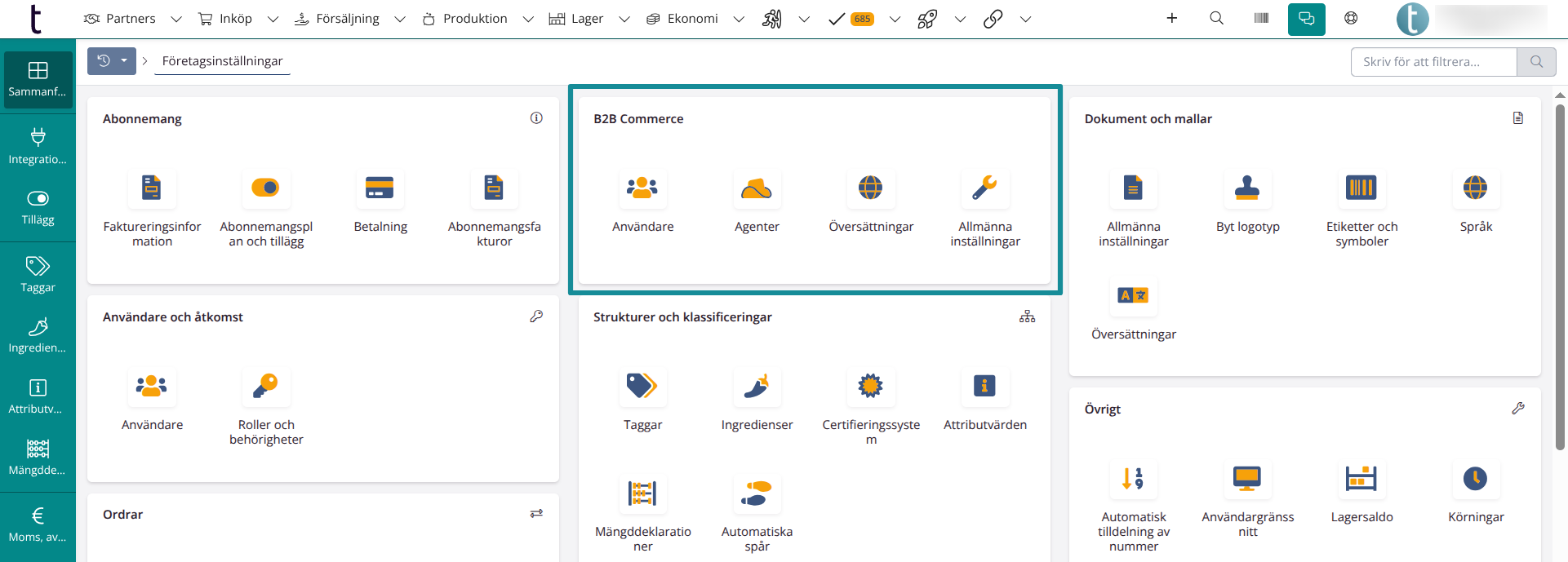 B2B Företagsinställningar
