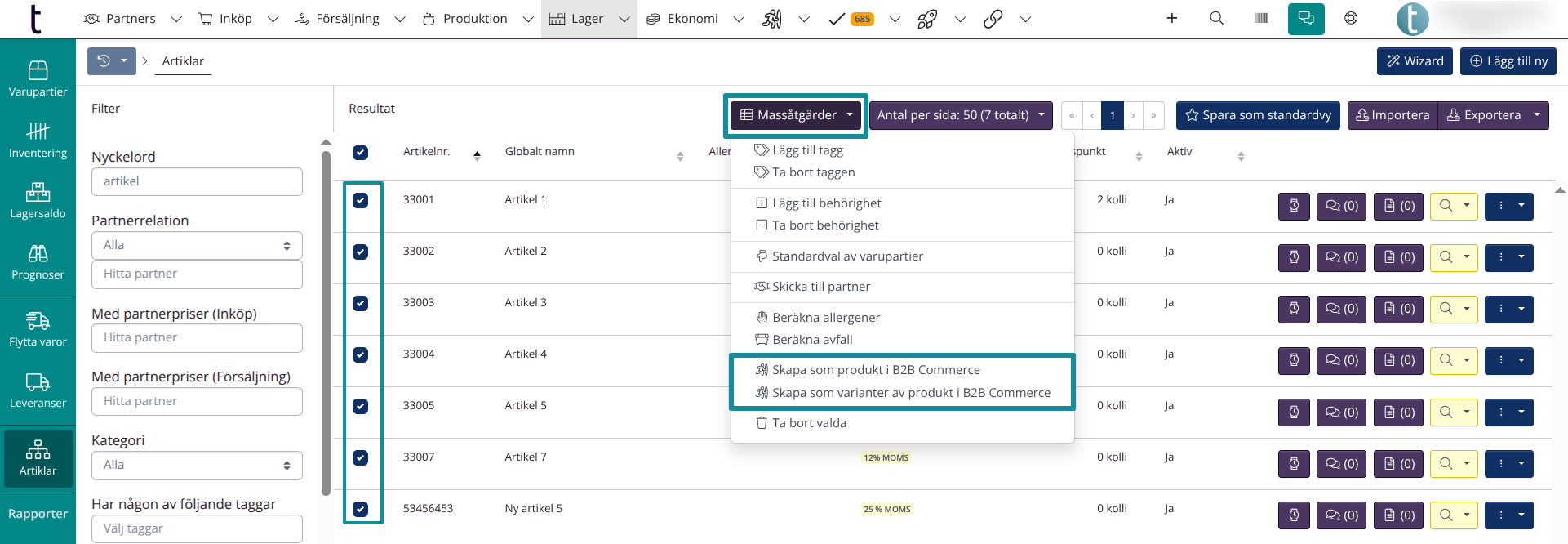 Lägg till produkter till B2B från artikelöversikten