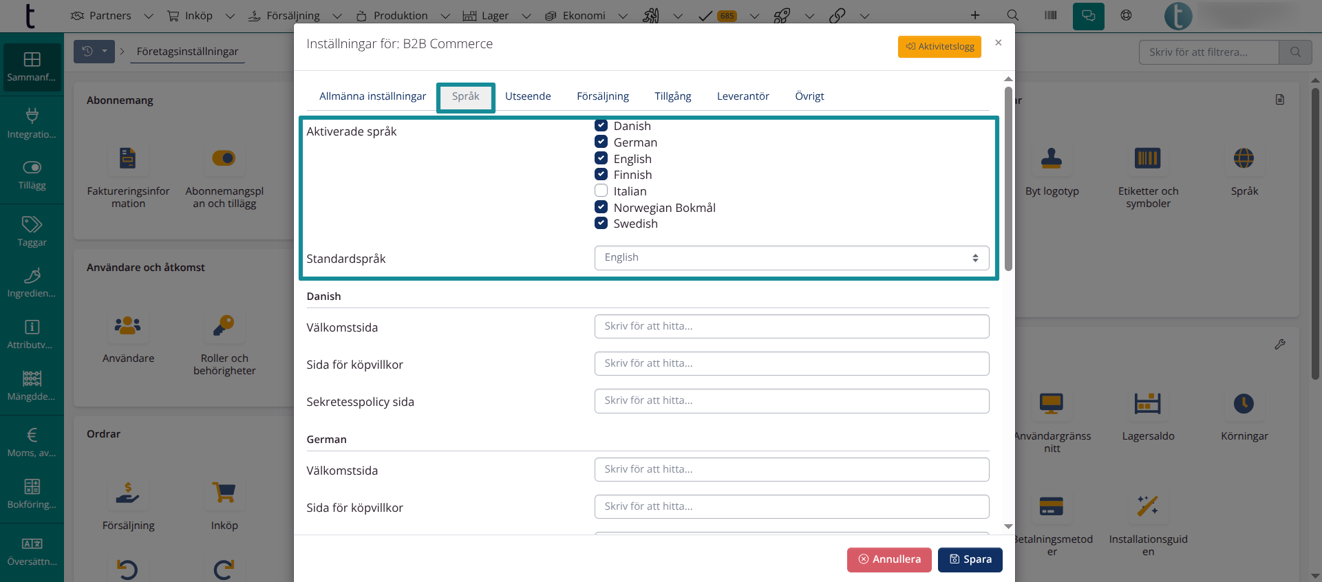 Produkter i B2B: Språk