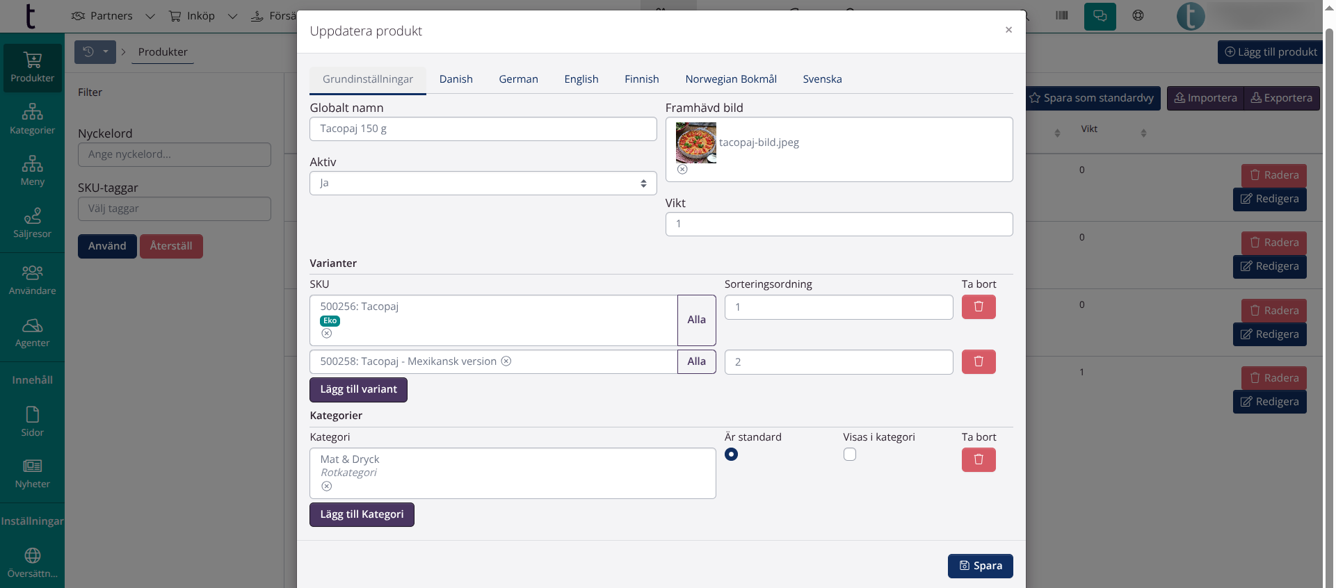 B2B produktinställningar